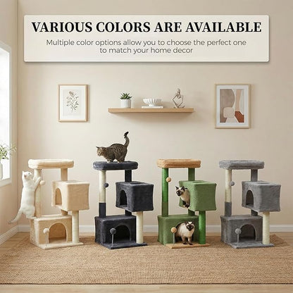 32" Cat Tree Tower for Indoor Cats - 2 Cozy Condos, Multi-Level Cat Scratching Posts with Sisal, Soft Padded Perch, 2 Dangling Toys, Beige