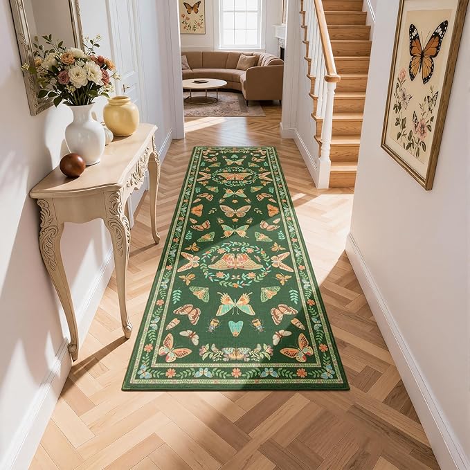 Unirea 2x6 Dark Green Runner Rug, Washable Non Slip Insect Botanical Rug for Hallway, Kitchen, Bathroom, Laundry Room, Entryway, Bedroom, Soft Boho Door Mat Indoor Entrance Bug Rugs, Low Pile Carpet