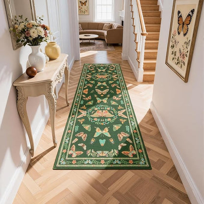 Unirea 2x6 Dark Green Runner Rug, Washable Non Slip Insect Botanical Rug for Hallway, Kitchen, Bathroom, Laundry Room, Entryway, Bedroom, Soft Boho Door Mat Indoor Entrance Bug Rugs, Low Pile Carpet