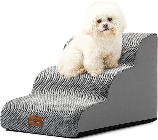 Wide Dog Stairs for Small Dog 15.7" H, Pet Step for Puppy, Older Cat, Curved Ramp for Couch, Durable Anti-Slip Ladder with High Density Foam, 3 Step, 17.7x22.4x15.7 inch, Grey