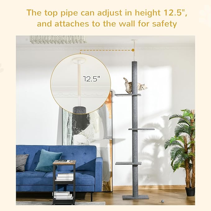 PawHut Floor-to-Ceiling Cat Tree Cat Climbing Tower with Sisal-Covered Scratching Posts Natural Cat Tree Activity Center for Kittens Cat Tower Furniture, Grey