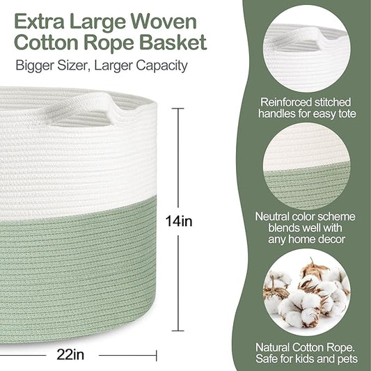 Extra Large Blanket Basket, 22" X 22" X 14" Kids Dog Toy Storage Bin Box, Nursery Baby Toddler Toy Organizer, Soft Cotton Rope Woven Bin, Large Basket for Blankets for Living Room, Green