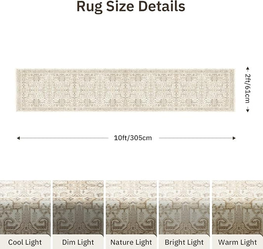Hallway Washable Runner Rug 2x10 - Non Slip Vintage Kitchen Runner Rugs for Entryway Low-Pile Waterproof Long Runners for Living Room Bedroom Medallion Indoor Floor Mat for Bathroom Laundry Beige