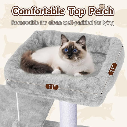 Cat Tree, 54-Inch Cat Tower for Indoor Cats, Soft Plush Multi-Level Climbing Cat Condo with Scratching Posts, Basket, Perches,2 Caves,2 Pompoms Play House for Cat (Light Grey01)