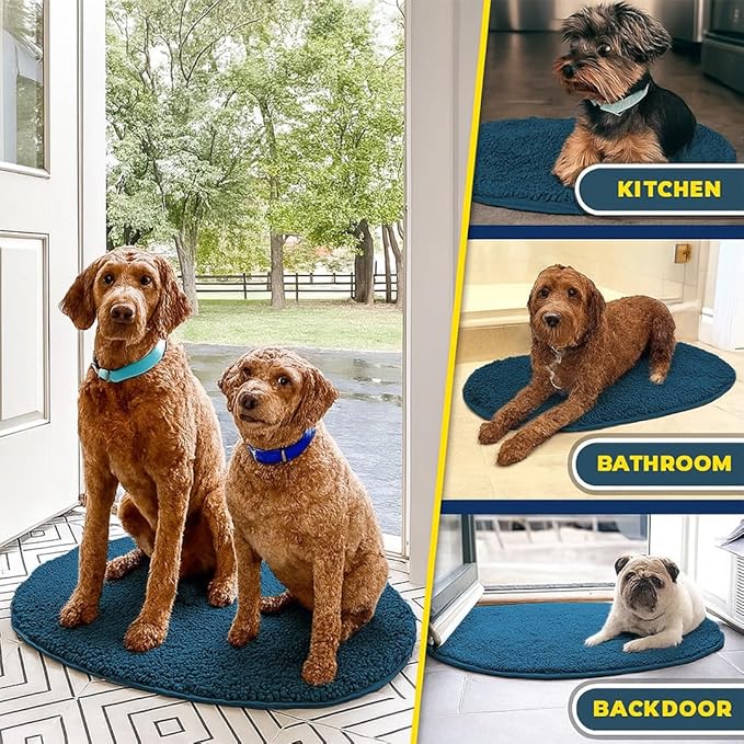 Muddy Mat® Shown on TV – Super Absorbent Microfiber Dog Door Mat for Muddy Paws, Non-Slip Washable Pet Rug, Quick Dry Chenille Entryway Carpet, Machine Washable Mat, Atlantic Blue Oval 6ft x 9ft