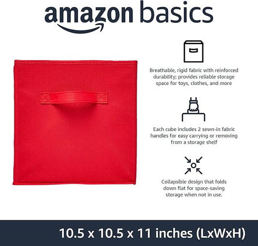 Amazon Basics Collapsible Fabric Storage Bins with Handles, Cube Organizer, Home Organization, 10.5"x10.5"x11", Red, 6-Pack
