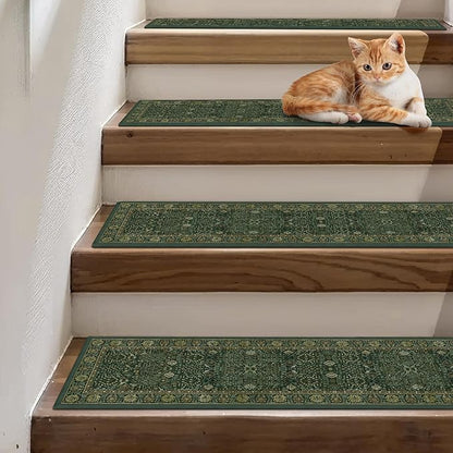 Non Slip Stair Treads for Wooden Steps 15PCS - 8"x30" Indoor Safety Carpet, Edging Mats with TPE Adhesive Backing, Pet and Elderly Friendly Stair Rugs (Dark Green/Multi)