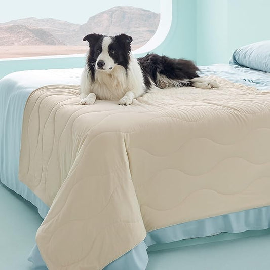 Bedsure Premium Cooling Blanket for Extra Large Dog - Q-MAX>0.5, Breathable Summer Washable Cold Pet Mat, Soft Durable Self Cooling Dog Mat for Hot Weather, Gentle Cream, 50x60