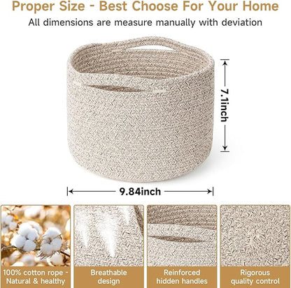 Small Rope Baskets for Storage, Baskets for Gifts Empty, Cute Round Woven Basket, Decorative Shelf Baskets 9.82×9.82×7.1", Cotton Toy Basket Storage Bins for Organizer 3 Packs-Brown