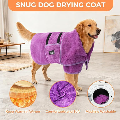 Mihachi Dog Bathrobe Towel Wrap Fast Drying with Drying Gloves Set, Super Absorbent Coral Fleece Dog Drying Coat Bath Robe for Puppy, Medium & Large Dogs, Adjustable Collar & Belly Strap, Purple S