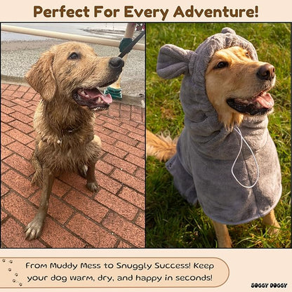 SOGGYDOGGY® US: Luxury Dog Bathrobe, Super Absorbent Microfiber Dog Bath Supplies, Fast Dry in Minutes, Thick & Soft Robe - Pet Grooming, Wash & Pet Hair Dryer - All-Season Dressing Gown (L)