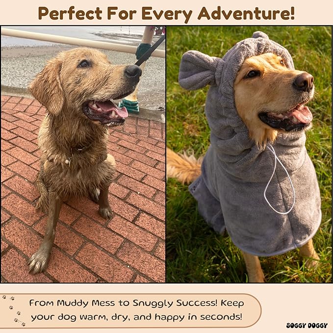 SOGGYDOGGY® US: Luxury Dog Bathrobe, Super Absorbent Microfiber Dog Bath Supplies, Fast Dry in Minutes, Thick & Soft Robe - Pet Grooming, Wash & Pet Hair Dryer - All-Season Dressing Gown (S)