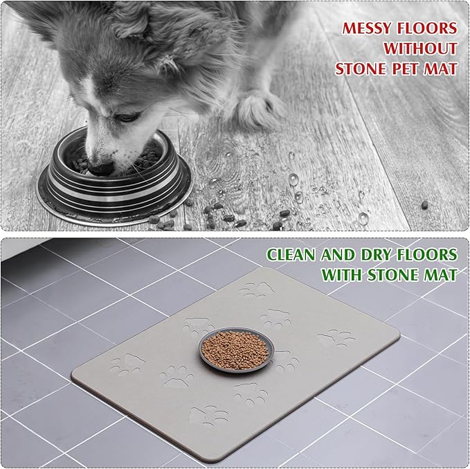 Valentine Dog Gift Stone Mat for Dog Bowl Diatomaceous Earth Absorbent Non Slip Cat Puppy Mat for Food and Water Quick Drying Easy to Clean Placemat for Bowl Dish(Light Gray,16 x 12 Inch)
