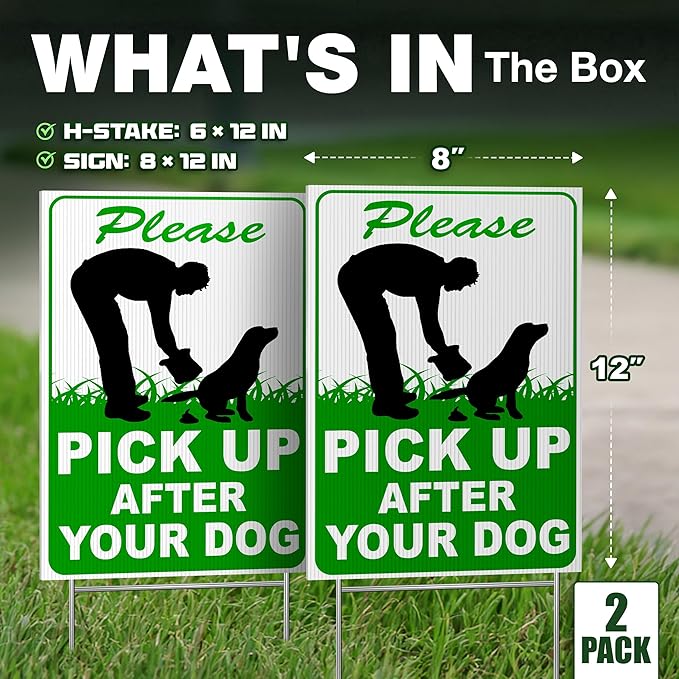 2 PC Pick Up After Your Dog Sign, 8x12 DS Coroplast Please Clean Up After Your Pet Sign with Stake for Lawn Yard