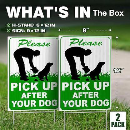 2 PC Pick Up After Your Dog Sign, 8x12 DS Coroplast Please Clean Up After Your Pet Sign with Stake for Lawn Yard