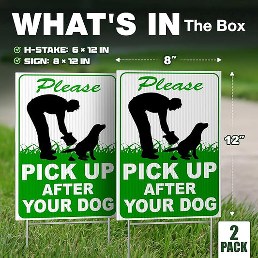 2 PC Pick Up After Your Dog Sign, 8x12 DS Coroplast Please Clean Up After Your Pet Sign with Stake for Lawn Yard