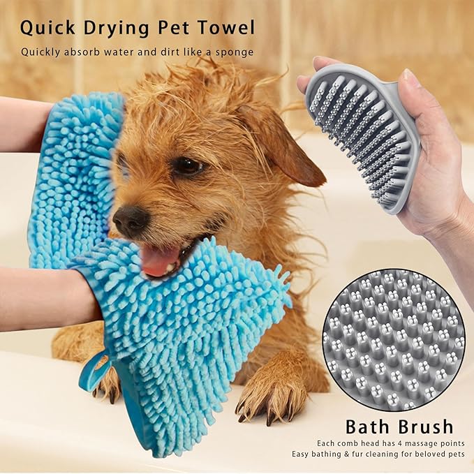 Premium Dog Drying Towel & Bath Brush Set – Super Absorbent Sherpa Microfiber Pet Towel for Fast Drying, Gentle Cleaning & Coat Care | Safe for Dogs & Cats