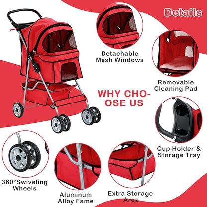 4 Wheels Dog Stroller, Foldable Pet Stroller for Small Medium Dogs, Portable Breathable Cat Stroller Dog Strollers with Storage Basket, Cup Holders, Removable Liner for Travel & Outdoor Use, Red