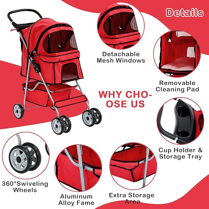 4 Wheels Pet Stroller Waterproof,Travel Stroller for Small Medium Dogs & Cats,Easy Fold with Removable Liner,Storage Basket,Red