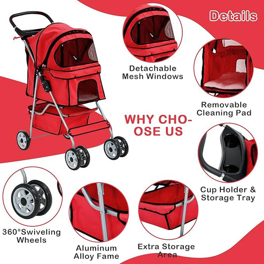 4 Wheels Pet Stroller Waterproof,Travel Stroller for Small Medium Dogs & Cats,Easy Fold with Removable Liner,Storage Basket,Red