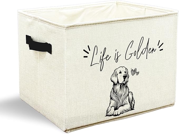 Funny Golden Retriever Dog Toy Basket, Dogs Lover Gifts, Life Is Golden Humorous Collapsible Pet Dog Toy Storage Bin Box Basket Organizer, Pet Supplies for Dogs