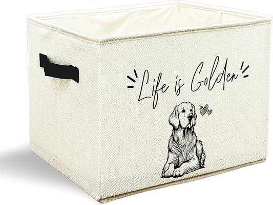 Funny Golden Retriever Dog Toy Basket, Dogs Lover Gifts, Life Is Golden Humorous Collapsible Pet Dog Toy Storage Bin Box Basket Organizer, Pet Supplies for Dogs