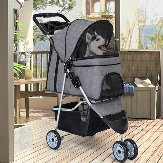 BestPet Pet Stroller Dog Cat Jogger Stroller for Medium Small Dogs Cats Folding Lightweight Travel Stroller with Cup Holder (Grey, 3 Wheels)