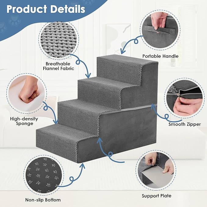 DUMOS Dog Stairs for Small Medium Dogs, 4-Steps Wider Non-Slip Balanced Indoor Foldable Dog Steps with Density Foam & Washable Cover, Cat Puppy Old Pet Stairs for High Bed, Couch, Sofa - Grey, 23" H