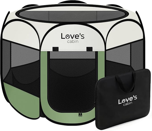Love's cabin Pet Puppy Dog Playpen, Large Dog Tent Crates Cage Indoor/Outdoor, Portable Playpen for Cat, Foldable Pop Up Dog Kennel Playpen with Carring Case, Removable Zipper Top, Olive Green