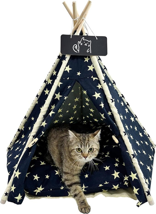 Pet Teepee Dog & Puppy Cat Tents Tipi Bed Portable Houses with Thick Cushion for Pets Up to 66lbs-Blue-M