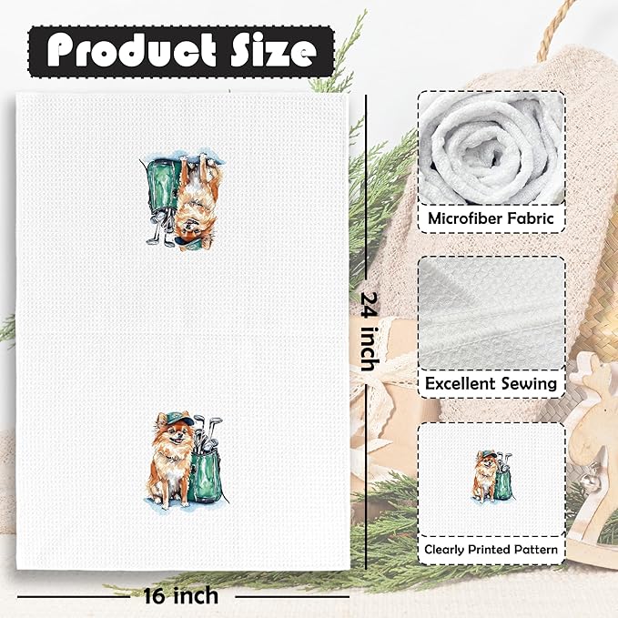 Golf Dog Kitchen Towels - Pomeranian Dish Towels, Sports Gifts, Pet Golf Club Decorative Absorbent Dishcloths Hand Towels for Kitchen Gym Spa Decor 16x24 Inches