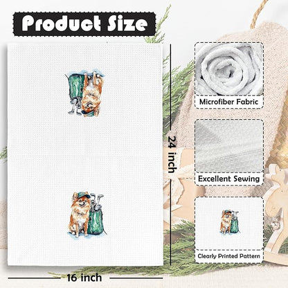 Golf Dog Kitchen Towels - Pomeranian Dish Towels, Sports Gifts, Pet Golf Club Decorative Absorbent Dishcloths Hand Towels for Kitchen Gym Spa Decor 16x24 Inches