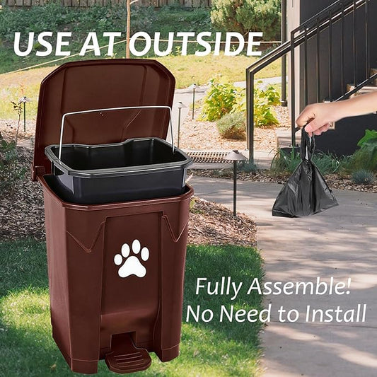 tebiete Dog Poop Trash Can Outdoors Pet Waste Station with Lid Dog Waste Disposal Container with Removable Inner Bin Bucket Hands-Free Pedal Garden Yard Home with Waste Bags, Brown