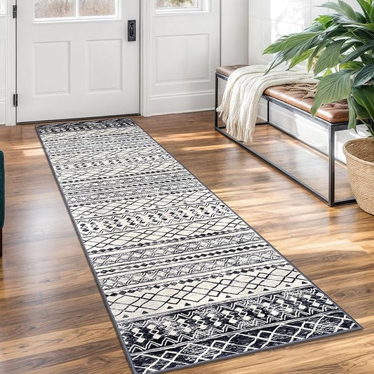 KUTA Moroccan Washable Kitchen Rug, 2x7 Non-Slip Vintage Black Navy Blue Boho Hallway Runner Rugs Ultra Soft Distressed Geometric Floor Carpet Runners for Bedroom Laundry Living Room