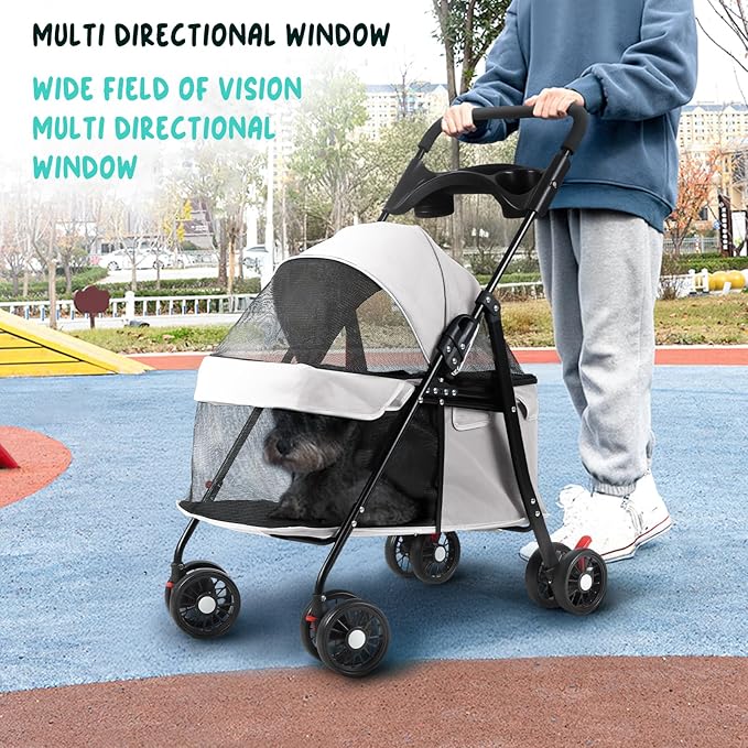 4 Wheels Pet Stroller for Medium Small Dog up to 50lbs, Dog Cat Stroller, Outdoor Travel Pet Folding Strollers, Cat Cage Strollers with Cup Holder, Breathable and Visible Mesh (1 Set-Grey)