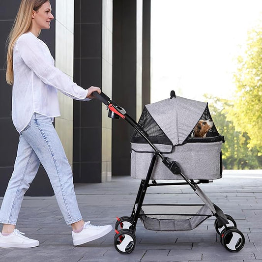 4 Wheels Foldable Pet Dog Cat Jogger Stroller Travel Carrier Strolling Cart w/Waterproof Cover Storage Basket Cup Holder & Detachable Carrier for Medium Small Cat Dog, Grey
