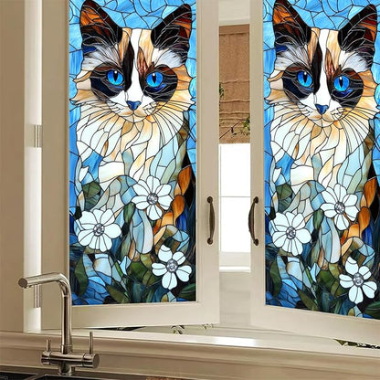Privacy Window Film Cat Design Decorative Window Cling Stained Glass Style Static Cling Glass Sticker for Cabinet Bathroom Kitchen Door Panel 17.7 x 39.3 Inch