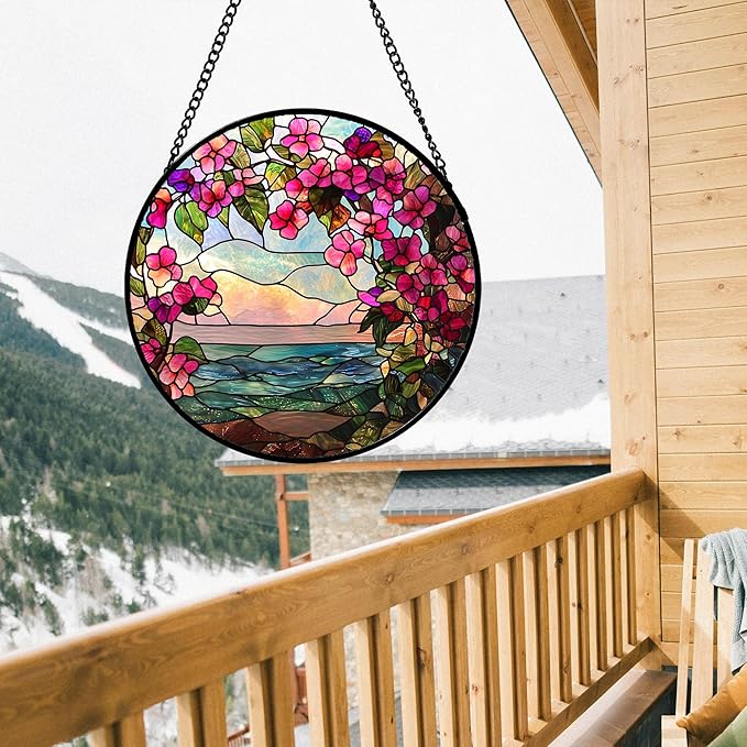 Stained Glass Window Hanging, Purple Flower Landscape Wreath Sun Catcher for Door Home Decor Plants Suncatcher Christmas Mother's Day Birthday Gifts for Women Men Mom Nana 7.8 in