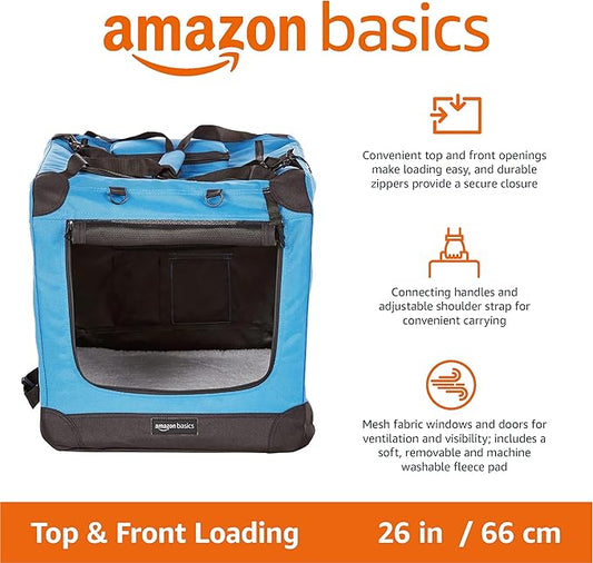 Amazon Basics Portable Soft Pet Dog Crate Carrier Kennel, Foldable, Washable, Up to 25 lbs, 26 x 18 x 18 inches, Blue