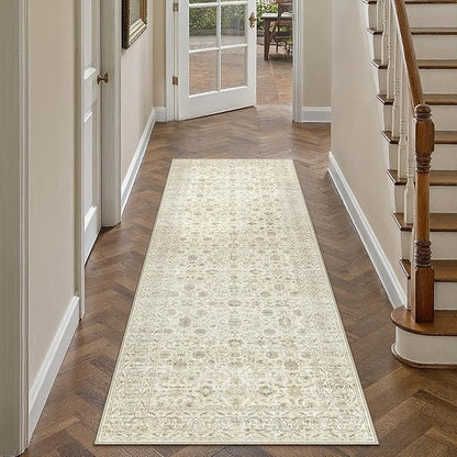 2x6 Runner Rug Machine Washable Hallway Kitchen Vintage Distressed Non Slip Carpet Indoor Small Long Low Pile Thin Beige Bedroom Bathroom Retro Accent Throw Rug Laundry Living Room