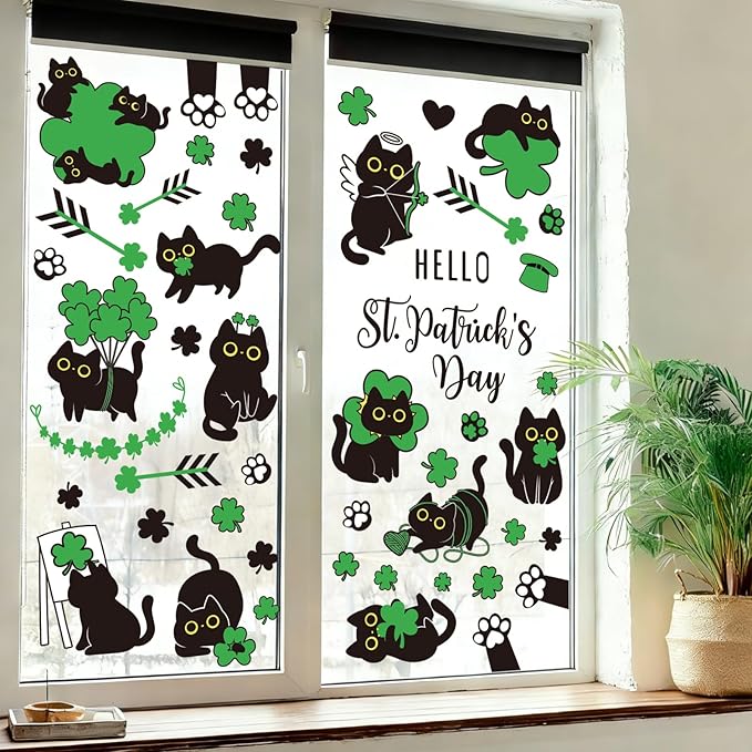 Whaline St. Patrick's Day Window Clings Double Sided Green Shamrock Black Cat Clover Window Decal Stickers for Glass Irish Holiday Home Classroom Office Party Decor, 7 Sheets