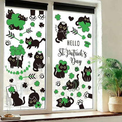 Whaline St. Patrick's Day Window Clings Double Sided Green Shamrock Black Cat Clover Window Decal Stickers for Glass Irish Holiday Home Classroom Office Party Decor, 7 Sheets