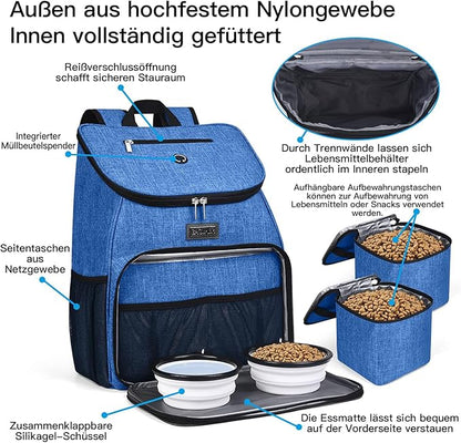 BAGLHER丨Dog Travel Bag, Airline Approved Pet Supplies Backpack, Dog Travel Backpack with 2 Silicone Collapsible Bowls and 2 Food Baskets