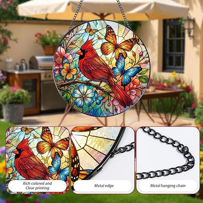 Stained Glass Window Hanging, 7.8″ Cardinal Sun Catchers with Hook Indoor Window Bird Butterfly Decor, Decorative Suncatchers Hanging Ornaments Home Garden Art Gift for Housewarming