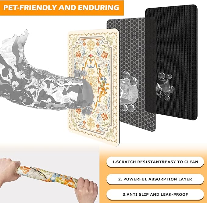Dog Food Mat Absorbent,Pet Mat for Floors Waterproof Quick Dry Dog Bowl Mat for Food and Water No Stains Non Slip Cat Feeding Mat Pet Supplies 12"×20" Beige Persian Style
