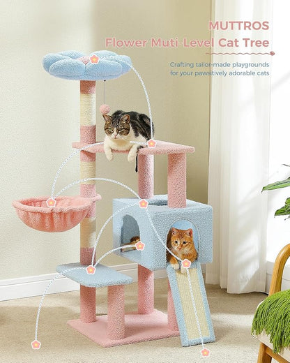 MUTTROS Flower Cat Tree 47.2" Multi-Level Cat Tower with Sisal Covered Scratching Posts, Cute Cat Condo for Indoor Small Medium Cats, Pink Top Perch, Ramp, Fluffy Ball, Blue