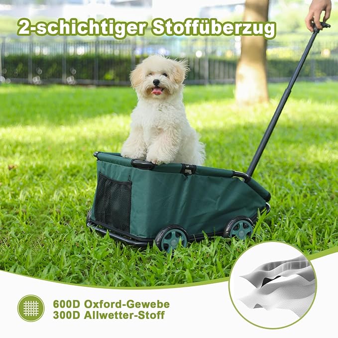 Mini Dog Strollers for Mini Pets, Foldable Multifunctional Shopping Carts with Extendable Pull Handle, Doggie Wagon Built-in Cushion and Safety Rope with Storage Bag (Dark Green)