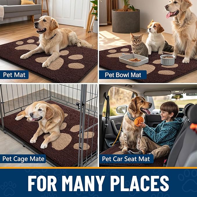 Smiry Dog Door Mat for Muddy Paws, Absorbs Moisture and Dirt, Low-Profile Entryway Mat with Non-Slip Backing, Entry Indoor Outdoor Doormat for Inside Floor (40x32 Inches, Brown, Paw)