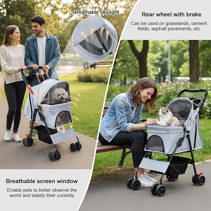 4 Wheels Pet Stroller for Medium Small Dog up to 50lbs, Dog Cat Stroller, Outdoor Travel Pet Folding Strollers with Cup Holder, Detachable Carrier, Breathable Visible Mesh (Grey Upgraded)