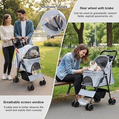 4 Wheels Pet Stroller for Medium Small Dog up to 50lbs, Dog Cat Stroller, Outdoor Travel Pet Folding Strollers with Cup Holder, Detachable Carrier, Breathable Visible Mesh (Grey Upgraded)